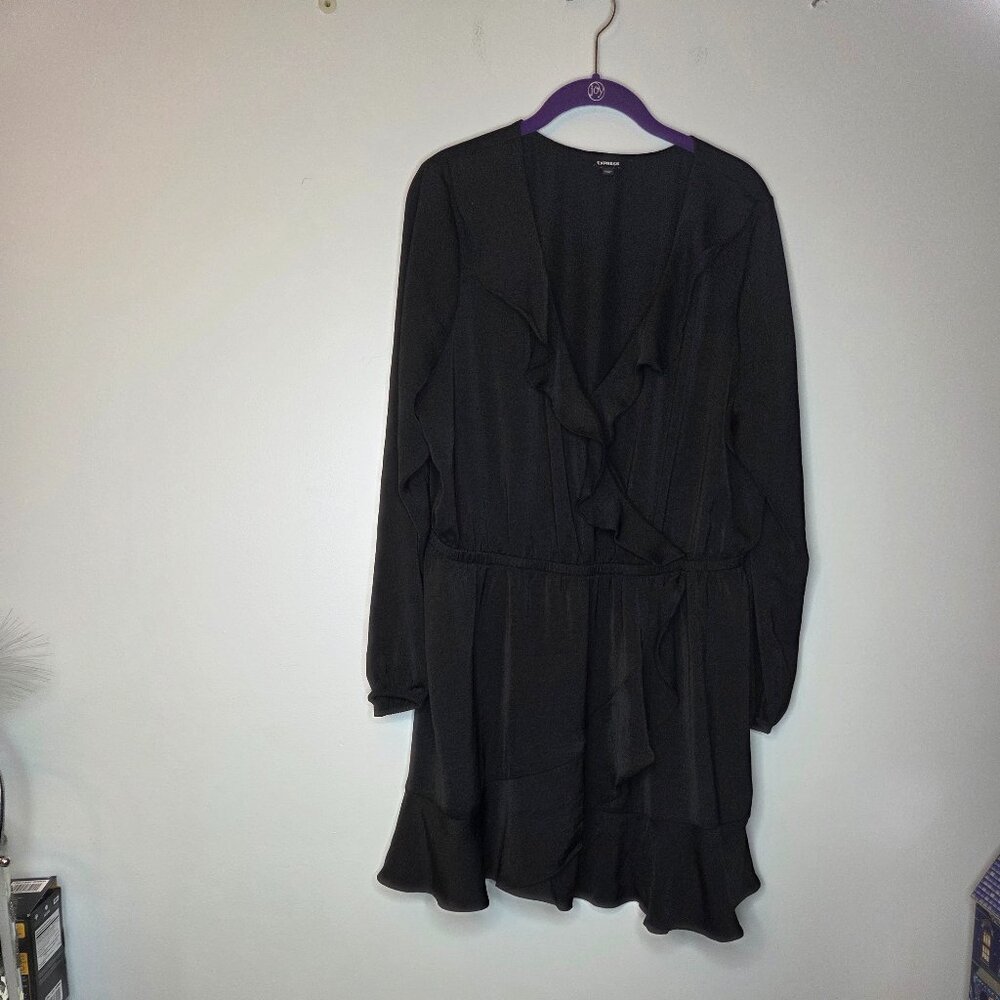Express Black Ruffle Mini‎ Dress with Long Sleeves and Tie Waist, Size XL
